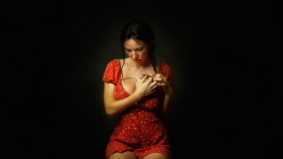 Red dress woman holding phone - brad kunkle free wallpaper