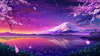 Mountain lake purple sky stars - a painting of a mountain free wallpaper