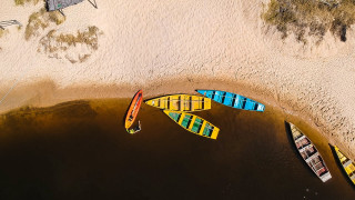 Canoes shore lake summer vibrant - neofauvism free wallpaper for desktop