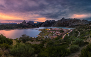 Scenic town lake mountains bridge - scenic free wallpaper