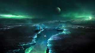 River ice aurora moon beach - a painting of a river free wallpaper