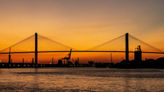 Bridge water sunset boat cityscape - cable wire free wallpaper