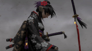 Woman kimono sword cyberpunk floral - a cloudy sky behind her free wallpaper