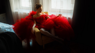 Woman red dress portrait curtains - a curtain behind her free wallpaper