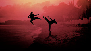 Karate duo beach sunset silhouette - a red sky in the background free wallpaper