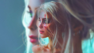 Blonde woman red eyeliner fantasy - photorealistic portrait free wallpaper for desktop