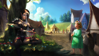 Woman green dress tree man 2 - charlie bowater free wallpaper