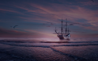Ship sailing ocean sunset bird - a ship free wallpaper
