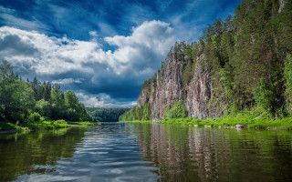 River mountain trees cloudy sky - a mountain in the background and trees free wallpaper