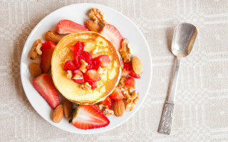 Pancakes strawberries nuts spoon fork - strawberry free wallpaper for desktop