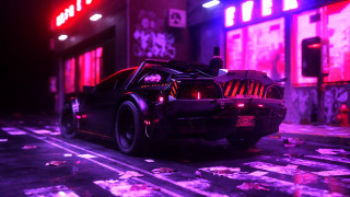Neon car night street cyberpunk - synthwave style free wallpaper for desktop