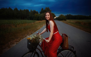 Woman red dress bicycle flower - anka zhuravleva free wallpaper