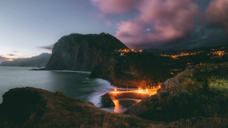 Mountain lake city lights night - almada negreiro free wallpaper