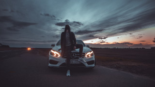 Night road car sky mountains - the hood of a car free wallpaper