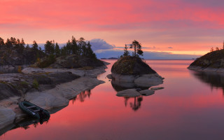 Boat rocks trees sunset matte - a boat free wallpaper for desktop