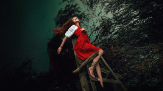 Woman red dress bridge forest - a wooden bridge free wallpaper