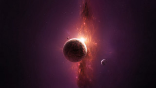 Space sunset planets aurora moon - a red glow free wallpaper