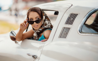 Woman sunglasses car talking cellphone - art nouveau free wallpaper