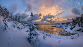 Snowy forest water cloudy sunset - andrey ryabovichev free wallpaper