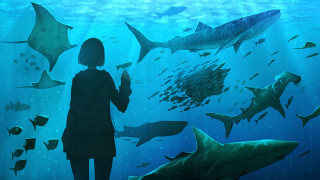 Woman sharks fish ocean underwater - atey ghailan free wallpaper for desktop