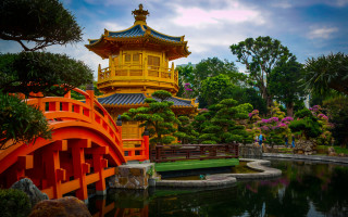 Yellow pagoda pond garden bridge - tree and shrubs free wallpaper