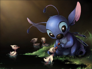 Blue bunny ducks dark background - a cartoon free wallpaper