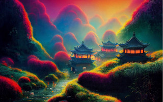Landscape river pagodas sunset autumn - a painting of a landscape free wallpaper
