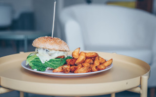 Food sandwich fries table hyperrealism - a white chair free wallpaper for desktop
