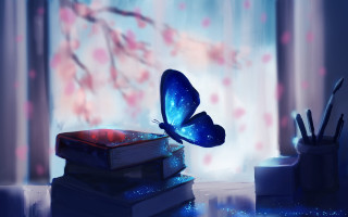 Blue butterfly over books spring 2 - a butterfly free wallpaper for desktop