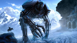 Giant robot snowy mountains fantasy - top of a snow free wallpaper