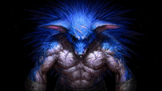 Blue red furry creature glowing - ultra realistic digital art free wallpaper