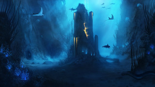 Castle sharks blue sea fantasy - a painting of a castle free wallpaper
