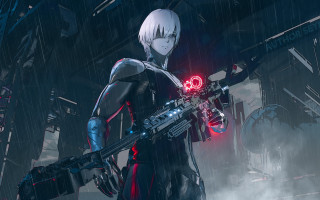 Futuristic girl cyberpunk weapon rain - a futuristic setting free wallpaper for desktop
