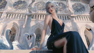 Woman black dress sitting swan - charlie bowater free wallpaper for desktop