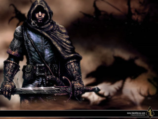 Man hooded sword dark forest - outfit holding free wallpaper