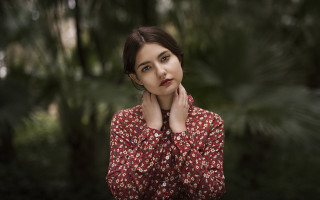 Woman red shirt woods portrait - free portrait wallpaper for desktop