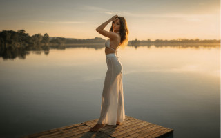 Woman white dress lake sunset - free bikini wallpaper