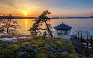 Gazebo hill lake sunset tree - bruno liljefors free wallpaper