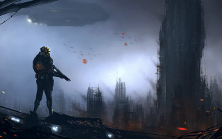 Futuristic city hill aliens birds - chris cold free wallpaper for desktop