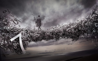 Man standing paper numbers flying - surreal photography free wallpaper for desktop