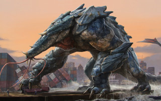 Giant dinosaur cityscape man suit - league of legends concept art free wallpaper for desktop