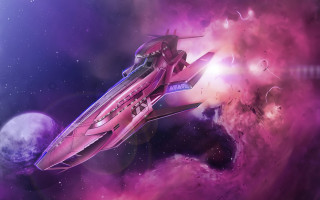 Space ship purple pink stars - a moon in the background free wallpaper