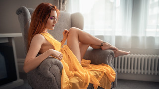 Woman yellow dress sitting chair - a yellow dress free wallpaper