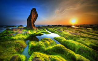 Rock formation green field water - a green field free wallpaper for desktop