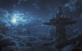 Futuristic cloud city night fullmoon - matte painting concept art free wallpaper for desktop