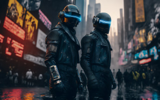 Futuristic suits rainy city neon - dystopian art free wallpaper
