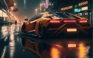 Yellow sports car rainy night - a neon light free wallpaper