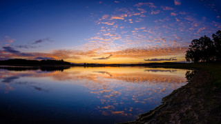 Sunset lake clouds trees dusk - a sunset over a lake free wallpaper