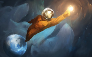 Astronaut floating energy ball moon - a man in a space suit free wallpaper