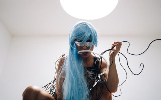 Blue hair mask woman chair - wire free wallpaper for desktop